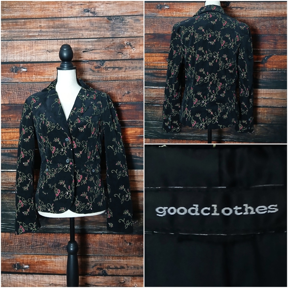 Good Clothes L Blazer Jacket Black Corduroy Floral Embroidered Button Front